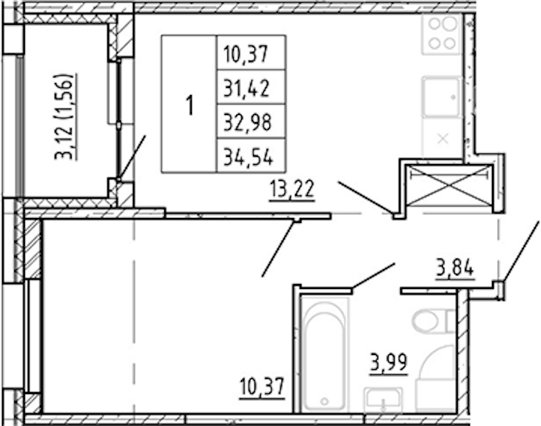 1-комнатная квартира 31.42 м², 2/12 эт., ЖК «Полис Новоселье»